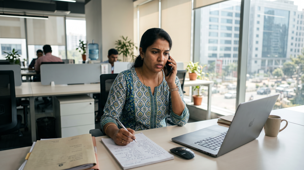 Indian HR professional looking at a phone and laptop with a large volume of pending candidate calls