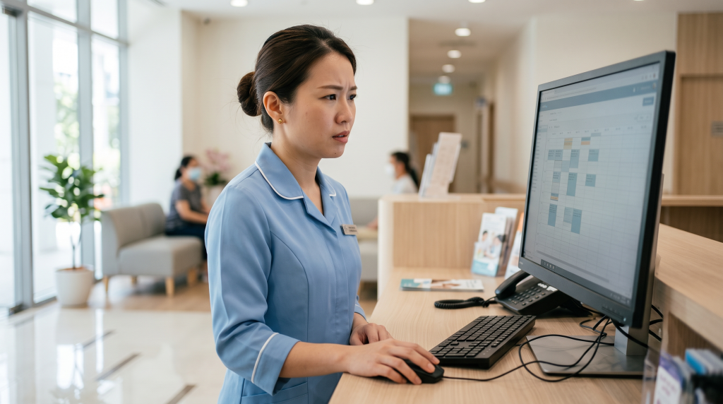 Singapore clinic front-desk staff member reviewing an appointment schedule with a focused expression
