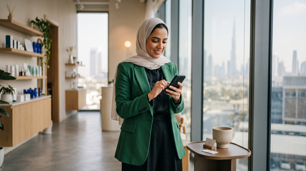 Small business owner in the UAE responding to a customer on WhatsApp on a smartphone